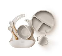 Silicone Baby Feeding Set - Suction Bowl & 3-Compartment Plate, Straw Cup, Bib with Food Catcher & Bamboo-Handle Spoon & Fork - BPA-Free Silicone Baby Mealtime Set (Marle)