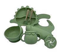 Silicone Baby Feeding (Weaning) Set by OWNIX (Set of 7) - Dinosaur Shaped Suction Plate with Suction Bowl, Adjustable Bibs, Cutlery, Cup, Cup Lid & Straw & Snack Cup Lid (Green), (Diaset1)