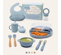 Silicone Baby Weaning & Feeding Set - BPA Free, 10 Pcs Set Includes Adjustable Bib, Suction Bowl, Suction Plate with Lid, 3 in 1 Cup, Fresh Fruit Feeder, Spoons and Forks (Dusty Blue)