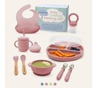 Silicone Baby Weaning & Feeding Set - BPA Free, 10 Pcs Set Includes Adjustable Bib, Suction Bowl, Suction Plate with Lid, 3 in 1 Cup, Fresh Fruit Feeder, Spoons and Forks