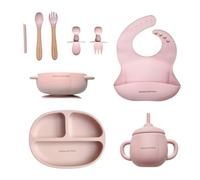 Silicone Baby Weaning Set with Bib Suction Plate Bowl Sippy Cup Fork Spoon BPA Free Microwave Dishwasher Safe Non Slip Feeding Kit Gift Box for Toddlers Learning to Eat Boys Girls Rose Pink