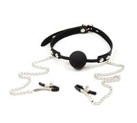 Silicone Ball Gag Mouth Plug Bondage Slave with Metal Nipple Clamps,Fetish Sex Products Toys for Women Adult Games Black One Size
