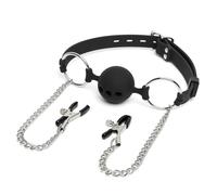 Silicone Ball Gag with Nipple Clamps & Chain - Adjustable Breathable Mouth Gag, Soft Silicone Gag Set for Couples, Adult Bondage Toy
