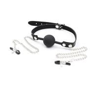 Silicone Ball Gag with Nipple Clamps,Fetish Fantasy Extreme Deluxe Ball Gag and Nipple Clamps,PU Leather Paly Buckle Belt Silicon Mouth,Adjustable Breast Labia Clamps
