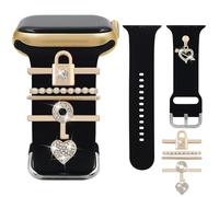 Silicone Band Compatible with Apple Watch Bands Women 38 40 41mm,Wristband With Decorative Rings Stud Charms Pendants for iWatch Series 10 9 8 7 6 5 4 3 2 1 Ultra SE (Black-Lock Gold,38mm)