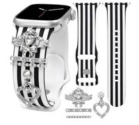 Silicone Band with Charms Compatible with Apple Watch Band 38-41mm 42mm(S10,11) Women,Printed Wristband with Decorative Rings for iWatch Series 11-1 SE/Ultra 3-1 (Stripe/Love,38mm)