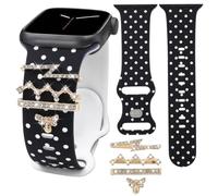 Silicone Band with Charms Compatible with Apple Watch Band 44-49mm 42mm(S1-3) Women,Printed Wristband with Decorative Rings for iWatch Series 11-1 SE/Ultra 3-1 (Black W-Dot/Z-Shape,44mm)