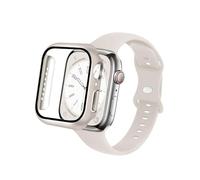 Silicone Bands and Case Compatible with Apple Watch Band 40mm 41mm 44mm 45mm, Sport Strap with Protective Cover with Tempered Glass iWatch Series 9 8 SE 7 6 5 4 3 Women Men (45mm, Starlight)