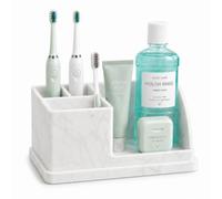 Silicone Bathroom Counter Organizer, Toothbrush Holder with Drainage Tray | 4 Slots Bathroom Countertop Storage Organizer Caddy, Toothpaste And Electric Tooth Brush Holder for Sink Vanity, White Marble