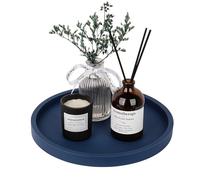 Silicone Bathroom Tray Round Vanity Tray Decorative Soap Holder Kitchen Countertop Organizer Coffee Table Decor for Candle, Perfume, Plant, 9 Inch, Dark Blue