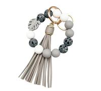 Silicone Bead Keychain Bracelet, Beaded Keyring Wristlet for Women Girls House Car Keys with Leather Tassel Monstera Charm, Grey, S