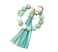 Silicone Bead Keychain Bracelet, Beaded Keyring Wristlet for Women Girls House Car Keys with Leather Tassel Monstera Charm, Mint Green, S