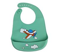 Silicone Bibs for Baby, Treer Waterproof Soft Adjustable Roll up Feeding Bibs Drool Bibs Wipe Clean with Food Catcher Pocket for Infants Toddlers (Green Rocket)