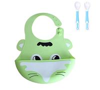 Silicone Bibs Waterproof for Baby + Trainning Spoon, Treer Soft Adjustable Roll up Feeding Bibs Drool Bibs Wipe Clean with Food Catcher Pocket for Infants Toddlers (Green Fox)