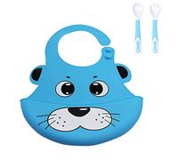 Silicone Bibs Waterproof for Baby + Trainning Spoon, Treer Soft Adjustable Roll up Feeding Bibs Drool Bibs Wipe Clean with Food Catcher Pocket for Infants Toddlers (Blue Puppy)