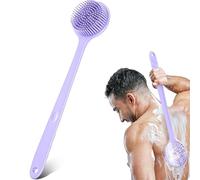 Silicone Body Scrubber for Shower with Long Handle, Double Sided Shower Brush for Shower Exfoliating and Massage, Long Handle Back Scrubber, Shower Brush for Exfoliating Skin and A Soft Scrub (Purple)
