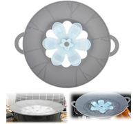 Silicone Boil Over Spill Stopper Lid, Reusable Heat-Resistant Lid Boiling Kitchen Safeguard, Multi-Function Grey Pan Cover with Mint Flower Design (Grey, Medium (26cm))
