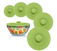 Silicone Bowl Lids Green Set of 5 Reusable Suction Seal Covers for Bowls, Pots, Cups. Food Safe. Natural grip, interlocking handles for easy use and storage.