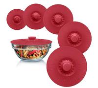 Silicone Bowl Lids Red, Set of 5 Reusable Suction Seal Covers for Bowls, Pots, Cups. Food Safe Natural grip, interlocking handles for easy use and storage.