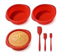 Silicone Cake Mould, 3Pcs 8 Inch Silicone Cake Tins for Baking with Brushes & 2 Spatulas, Round Baking Pans for Cheesecake Brownie Cake Pizza Chocolate Pie(Red)