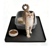 Silicone Cat Litter Mat 61x50cm Waterproof Litter Tray Mat Leak-Proof Thick Under Kitty Litter Box Feeding Mats with Raised Edges for Floor Carpet, Black