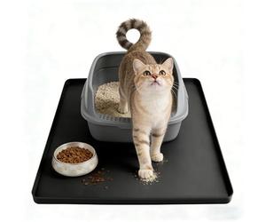 Silicone Cat Litter Mat 61x50cm Waterproof Litter Tray Mat Leak-Proof Thick Under Kitty Litter Box Feeding Mats with Raised Edges for Floor Carpet, Black