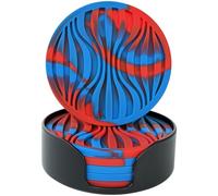 Silicone Coaster Set of 6 Pieces with Silicone Cup Holder,Drinking Coasters, Cup Mat for Drinks,Live for Hot or Cold Drink Thickened, Non-Slip, Non-Stick, Deep Tray (Red Blue Camouflage)