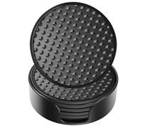Silicone Coasters 6 Pack with Holder, Drink Coasters Set for Hot & Cold at Bar, Desk, Tabletop-Protection, Round Cup Mat Non-Slip for Any Cups, Thickened Non-stick Deep Tray Coffee Table Decor,Black