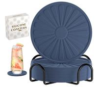 Silicone Coasters Set of 6, Drink Coasters with Holder for Coffee Table and Desk, Outdoor Coasters for Tabletop Protection, Non-Slip and Heat Resistant, Round, Blue