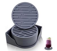 Silicone Coasters Set of 8 with Holder, Grey Round Drink Coasters, Non Slip Drainage, Suitable for Kinds of Cups, Protecting Your Furniture from Scratch&Water Marks
