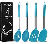 Silicone Cooking Spatulas and Spoons, 4 Pack Heat Resistant Silicone Cooking Utensils Set, Non Stick Large Kitchen Silicone Spatula and Spoons for Cooking, Mixing, Serving, Draining, Blue