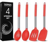 Silicone Cooking Spatulas and Spoons, 4 Pack Heat Resistant Silicone Cooking Utensils Set, Non Stick Large Kitchen Silicone Spatula and Spoons for Cooking, Mixing, Serving, Draining, Red