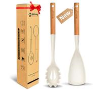 Silicone Cooking Spoon and Pasta Fork Set, 2 Pack Large Spatula Spoons Set with Wooden Handle, Heat Resistant Multifunction Spoon for Cooking, Serving and Mixing Spaghetti (White)