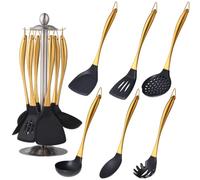 Silicone Cooking Utensil Set, 7 pcs Silicone Cooking Kitchen Utensils Set, Non-Stick Kitchen Cookware Titanium Stainless Steel Handle with Utensil Holder, Spatula Set for Cooking-Gold