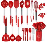 Silicone Cooking Utensil Set,Kitchen Utensils 26 Pcs Set,Non-stick Heat Resistant Silicone,Cookware with Stainless Steel Handle - Red