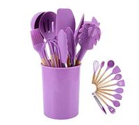 Silicone Cooking Utensils Kitchen Utensil Set - 446°F Heat Resistant,Turner Tongs,Spatula,Spoon,Brush,Whisk. Wooden Handles Gray Kitchen Gadgets Tools Set for Nonstick Cookware(Purple-12pcs)