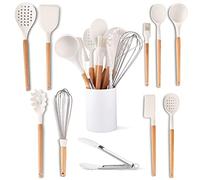 Silicone Cooking Utensils Kitchen Utensils Set Heat Resistant, Pot Tongs, Spatula, Spoon, Brush, Whisk, Wooden Handle Grey Kitchen Gadget with Non-Stick Cookware Holder