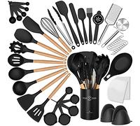 Silicone Cooking Utensils Set, 34Pcs Non-Stick Heat Resistant Kitchen Utensils Spatula Set with Wooden Handle for Baking, Cooking, and Mixing, Best Kitchen Gadgets Tools with Holder (Black)