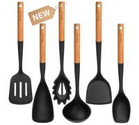 Silicone Cooking Utensils Set, 6 Pack Large Kitchen Utensils Set with Wooden Handle, Heat Resistant Silicone Utensil Spatula Set for Nonstick Cookware, Spatula, Turner, Spoon, Ladle BPA Free (Black)