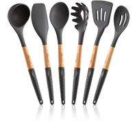 Silicone Cooking Utensils Set (6 pcs): Natural Wood Kitchen Utensils - Eco Friendly & BPA Free, Non Scratch & Non Stick Easy Grip Cooking Tools