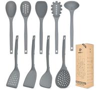 Silicone Cooking Utensils Set, 9 Pcs Heat Resistant Kitchen Utensils with Back Hooks, BPA Free Kitchen Tools with Spatulas, Spoons, Skimmer and Pasta Fork for Non Stick Cookware (Gray)