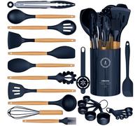 Silicone Cooking Utensils Set - Silicone Kitchen Utensils for Cooking Wooden Handles, 446°F Heat Resistant Kitchen Utensil Spatula Sets w Holder, Gadgets for Non-Stick Cookware BPA FREE (Blue)