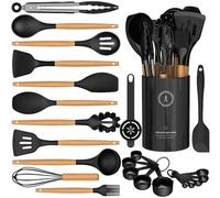 Silicone Cooking Utensils Set - Silicone Kitchen Utensils for Cooking Wooden Handles, 446°F Heat Resistant Kitchen Utensil Spatula Sets w Holder, Gadgets for Non-Stick Cookware BPA Free (Black)