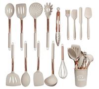 Silicone Cooking Utensils Set with Rose Gold Stainless Steel Handle Nonstick Kitchen Tools for Non Scratch Cookware Khaki and Rose Gold