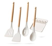Silicone Cooking Utensils Set with Wooden Handles, 4-Piece Spatula Set and Spoon Rest, Non-Stick Kitchen Utensils, Silicone Spoons for Cooking, Multi-Purpose Spatula Spoon (White)