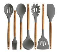 Silicone Cooking Utensils | Wooden Handle, Non-Stick Cookware Heat Resistant Kitchen Utensil Spatula, Slotted & Solid Spoon, Soup Ladle, Slotted Turner and Spaghetti Server,| Acacia Wood - Dark Gray