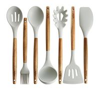 Silicone Cooking Utensils | Wooden Handle, Non-Stick Cookware Heat Resistant Kitchen Utensil Spatula, Slotted & Solid Spoon, Soup Ladle, Slotted Turner and Spaghetti Server,| Acacia Wood - Light Grey
