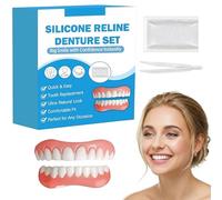 Silicone Dentures to Fit Over Existing Teeth, Full Denture Set Upper and Lower, Temporary Comfort Fit with Denture Adhesive Pads and Tweezers, 1 Box for Women and Men