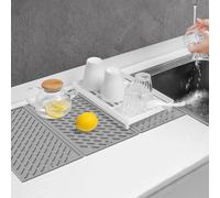 Silicone Dish Drying Mat with Cleaning Brush Anti Slip Foldable Draining Mat for Kitchen Counter Heat Resistant Draining Board Mat Sink Protector Mat Placemat with Groove Design(Grey)