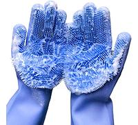 Silicone Dishwashing Gloves, Reusable Rubber Scrubbing Gloves for Dishes,Sponge Wash Cleaning Gloves with Scrubbers for Housework, Bathroom, Kitchen, Car, Pets. 1Pair (13.6" Large) (blue)
